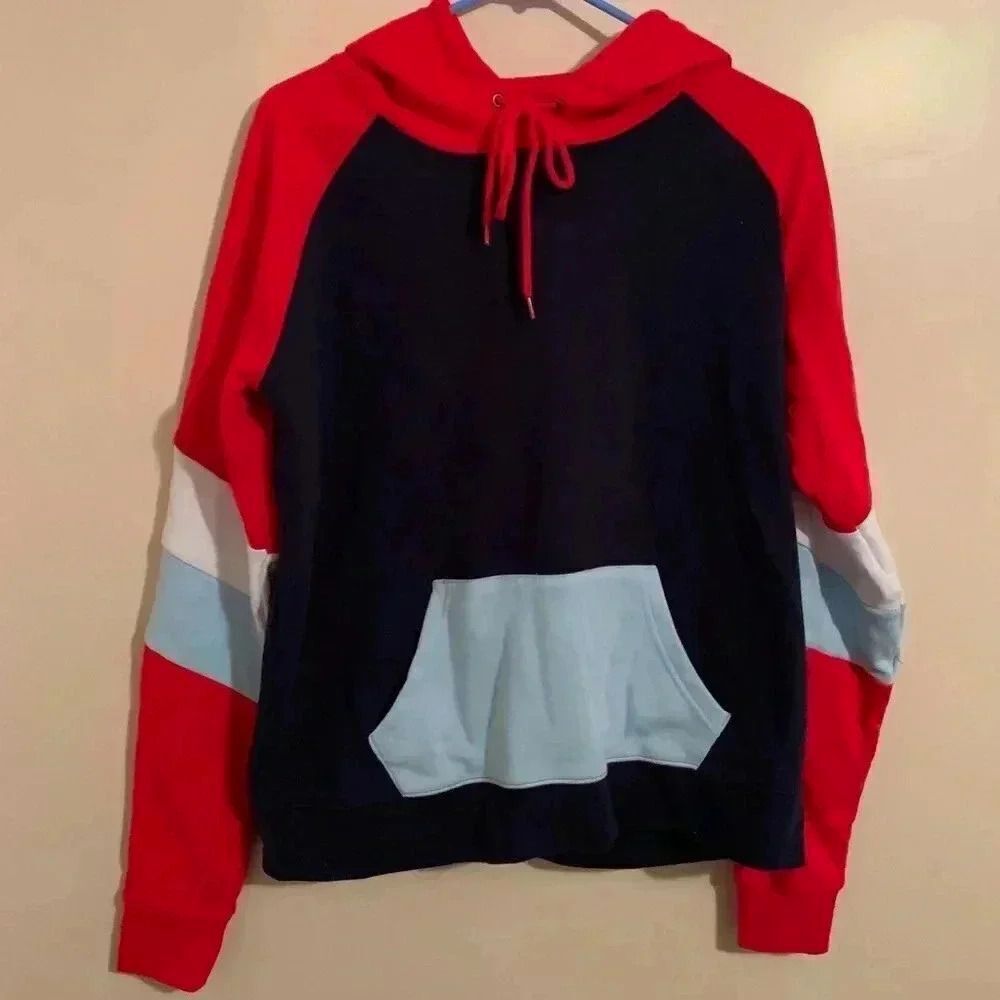 Zine Hoodie Womens Red Navy White
